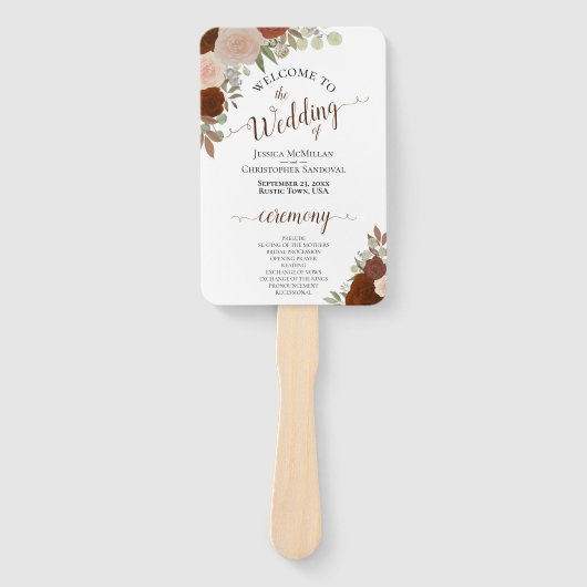 Rust Oranje Floral Elegant Wedding Programme Handwaaier (Voorkant)