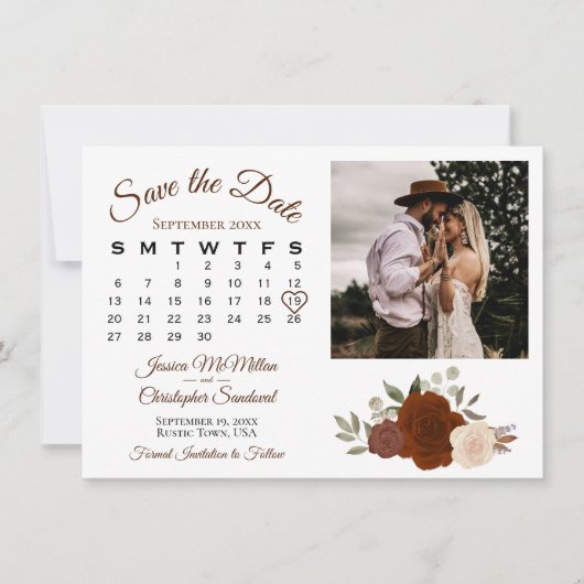 Rust Oranje Floral Wedding Calendar & Photo Save The Date (Voorkant)