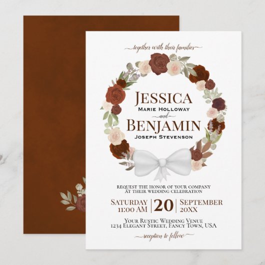 Rust Oranje Floral Wreath Elegant Boho Wedding Kaart (Voorkant / Achterkant)