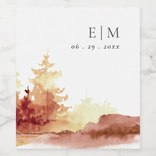 Rust Oranje Gele Herfst Trees Monogram Wedding Wijn Etiket (Enkel label)