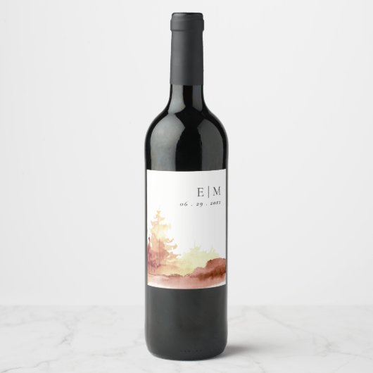 Rust Oranje Gele Herfst Trees Monogram Wedding Wijn Etiket (Voorkant)