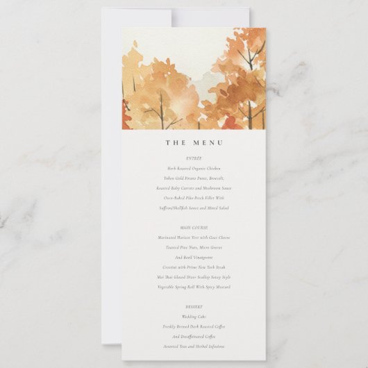 Rust Oranje Gele Herfst Trees Wedding Menu Kaart (Voorkant)