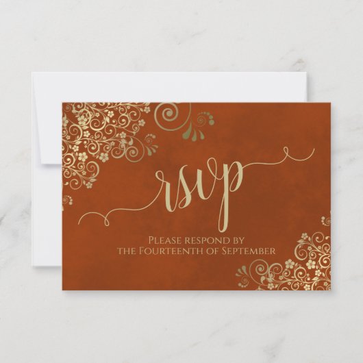 Rust Oranje Gold Lace Elegant Calligraphy Wedding RSVP Kaartje (Voorkant)
