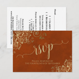 Rust Oranje Gold Lace Elegant Calligraphy Wedding RSVP Kaartje