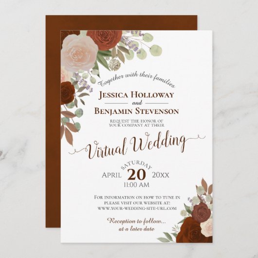 Rust Oranje Herfst Waterverf Floral Virtual Weddin Kaart (Voorkant / Achterkant)