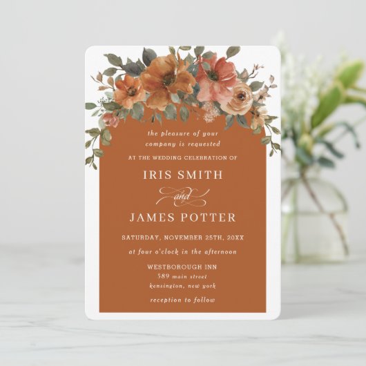 Rust Oranje koperen aardestijn - Floral Arch Weddi Kaart (Staand voorkant)