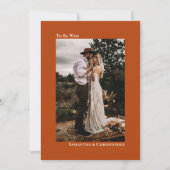 Rust Oranje minimalistisch verticaal fotohuwelijk Kaart (Voorkant)