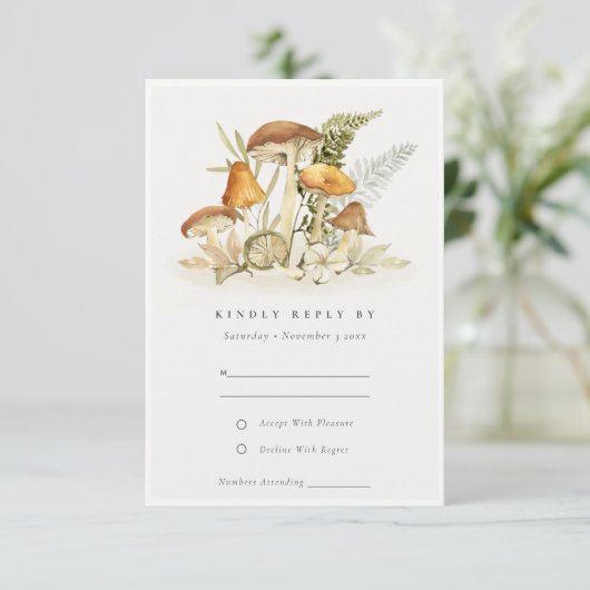 Rust Oranje paddenstoel Fern Fauna Wedding Rsvp Informatiekaartje (Staand voorkant)