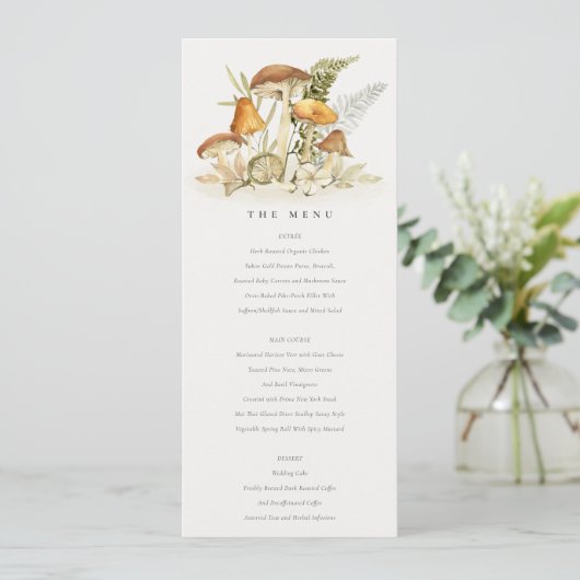 Rust Oranje paddenstoel Fern Foliage Wedding Menu Kaart (Staand voorkant)