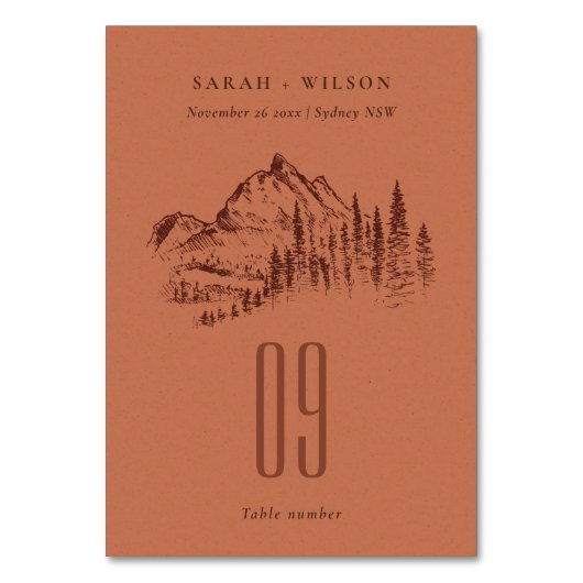 Rust Oranje Pine Bossen Mountain Sketch Wedding Kaart (Achterkant)