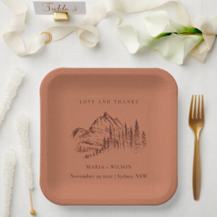Rust Oranje Pine Bossen Mountain Sketch Wedding Papieren Bordje