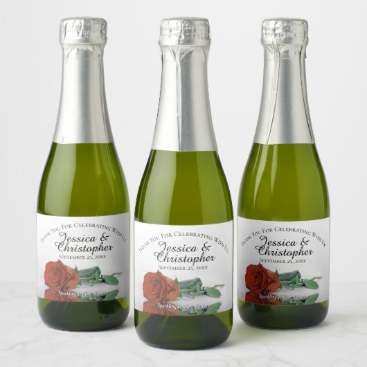 Rust Oranje Roos Classy Wedding Bedankt Mini Sparkling Wijnetiket (Flessen)