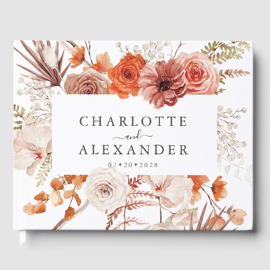 Rust Oranje Terracotta Floral Waterverf Wedding Gastenboek (Voorkant)