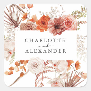 Rust Oranje Terracotta Floral Waterverf Wedding Vierkante Sticker