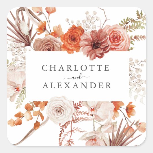 Rust Oranje Terracotta Floral Waterverf Wedding Vierkante Sticker (Voorkant)