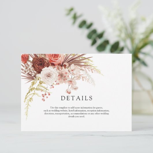 Rust Oranje Terracotta Floral Wedding Details Informatiekaartje (Staand voorkant)