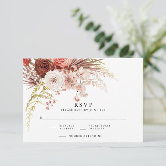 Rust Oranje Terracotta Floral Wedding RSVP Informatiekaartje (Staand voorkant)
