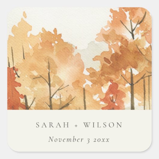 Rust Oranje Yellow Autumn Herfst Tree Wedding Vierkante Sticker (Voorkant)