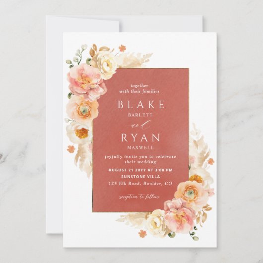 Rust, peach Blush en Cream Floral Chic Wedding Kaart (Voorkant)
