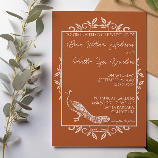 Rust Peacock Vlourish Wedding Invitation Kaart