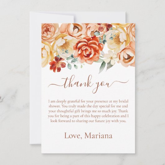 Rust Perzik Bloemen Vrijgezellenfeest Dank u kaart (Voorkant)