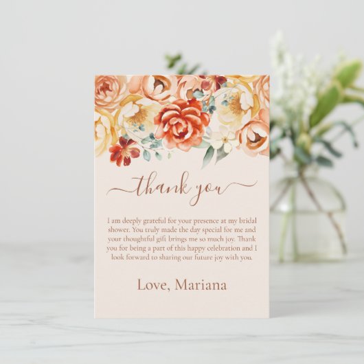 Rust Perzik Bloemen Vrijgezellenfeest Dank u kaart (Staand voorkant)