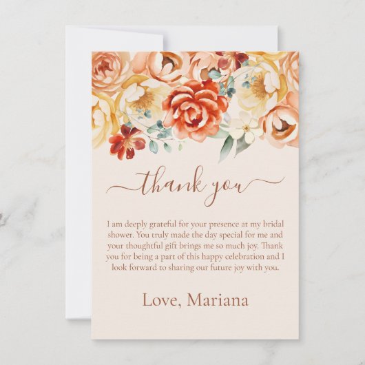 Rust Perzik Bloemen Vrijgezellenfeest Dank u kaart (Voorkant)