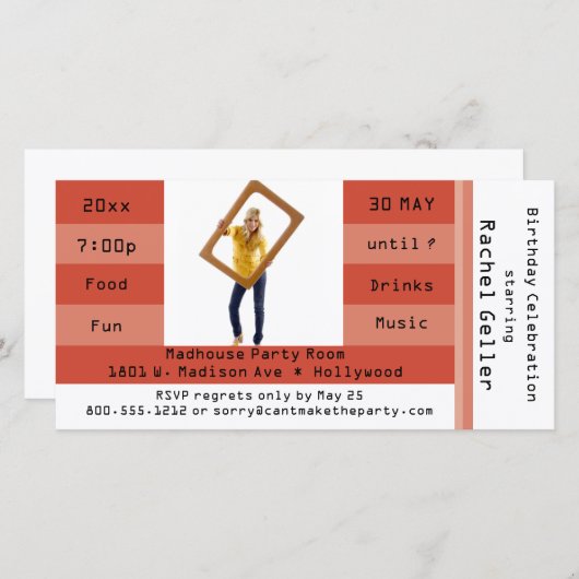 Rust Photo Admission Ticket Birthday Party Invite (Voorkant / Achterkant)