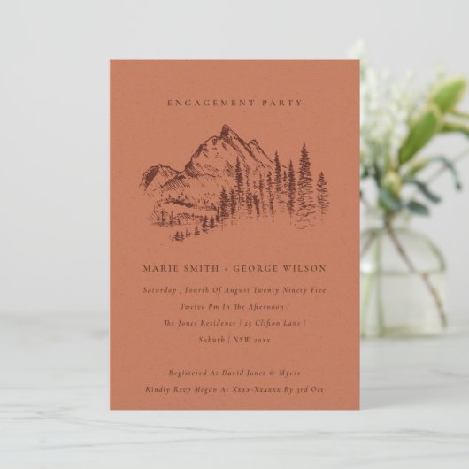 Rust Pine Bossen Mountain Sketch Verloving Invite Bedankkaart (Staand voorkant)