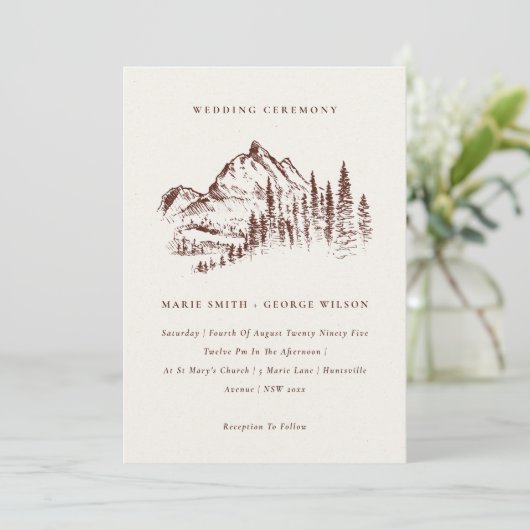 Rust Pine Bossen Mountain Sketch Wedding Invite Bedankkaart (Staand voorkant)