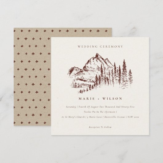 Rust Pine Bossen Mountain Sketch Wedding Invite Bedankkaart (Voorkant / Achterkant)