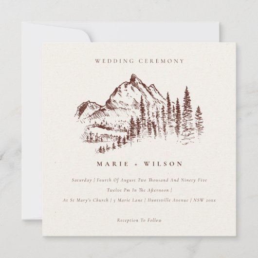 Rust Pine Bossen Mountain Sketch Wedding Invite Bedankkaart (Voorkant)