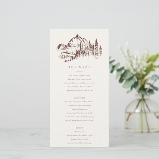 Rust Pine Bossen Mountain Sketch Wedding Menu Kaar (Staand voorkant)
