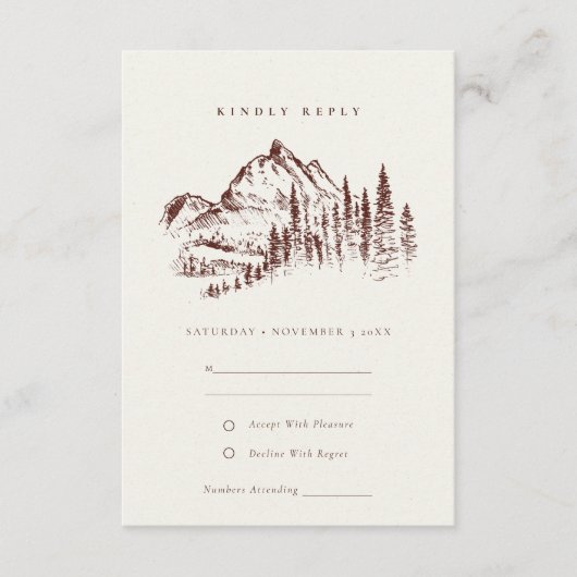 Rust Pine Bossen Mountain Sketch Wedding RSVP Informatiekaartje (Voorkant)