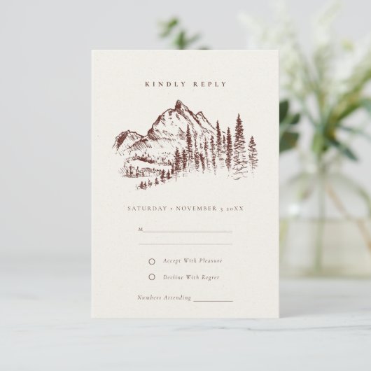 Rust Pine Bossen Mountain Sketch Wedding RSVP Informatiekaartje (Staand voorkant)