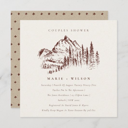 Rust Pine Mountain Sketch Couples Shower Invite Bedankkaart (Voorkant / Achterkant)