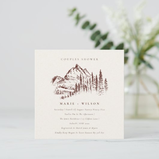 Rust Pine Mountain Sketch Couples Shower Invite Bedankkaart (Staand voorkant)