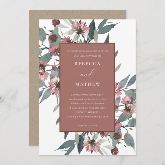RUST PINK EUCALYPTUS FLORAL VOW RENEWAL INVITE BEDANKKAART (Voorkant / Achterkant)