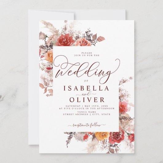 Rust Red Burnt Oranje BohoTerracotta Wedding Invit Kaart (Voorkant)