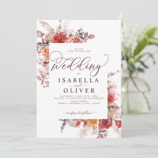 Rust Red Burnt Oranje BohoTerracotta Wedding Invit Kaart (Staand voorkant)