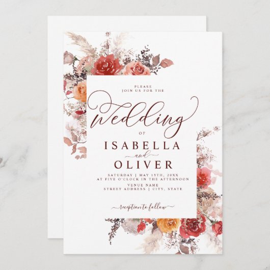 Rust Red Burnt Oranje BohoTerracotta Wedding Invit Kaart (Voorkant / Achterkant)