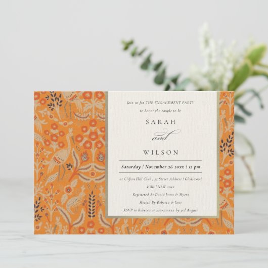  Rust Red Floral Peacock Verloving Invite Bedankkaart (Staand voorkant)