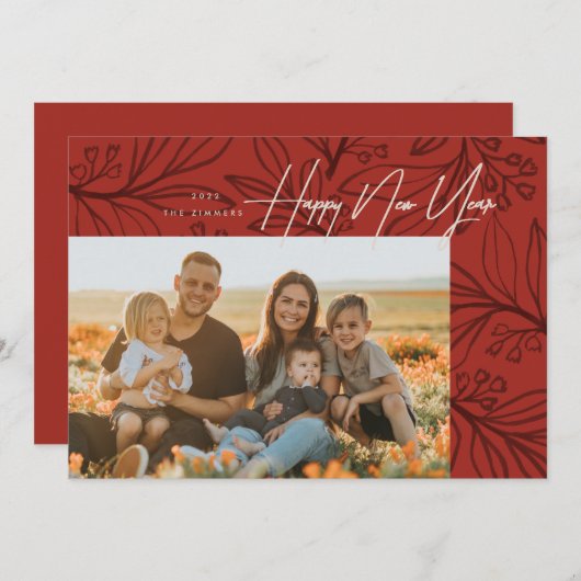 Rust Red Inked Boughs Photo Happy New Year Card Feestdagenkaart (Voorkant / Achterkant)