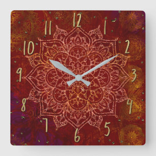 Rust Red Mandala Gold Glam Modern Chic Vierkante Klok