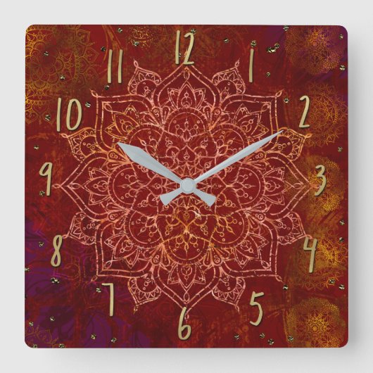 Rust Red Mandala Gold Glam Modern Chic Vierkante Klok (Voorkant)