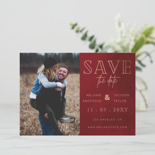 Rust Red Stylish Handgeschreven Foto Save the Date (Staand voorkant)