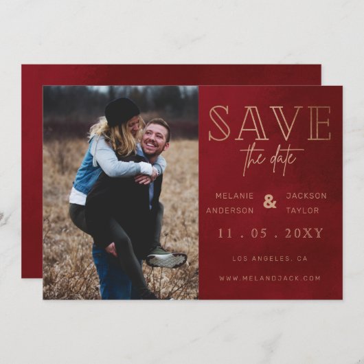 Rust Red Stylish Handgeschreven Foto Save the Date (Voorkant / Achterkant)