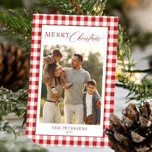 Rust rood geruit familie foto Kerstmis  Feestdagenkaart