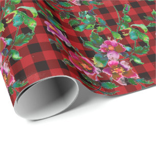 Rust rood zwart geruit met waterverf roos detail cadeaupapier