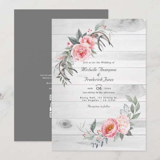 Rust Roze Boho Bloem QR Code RSVP Trouwen Kaart (Voorkant / Achterkant)